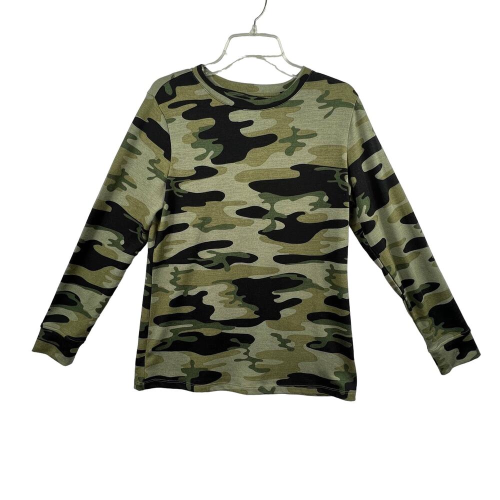 D&CO DENIM + COMPANY Womens S Green Camo Long Sleeve Stretch Crew Neck Top